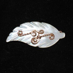 Vintage Mother of Pearl Shell Leaf Brooch with Wirework "J" Initial
